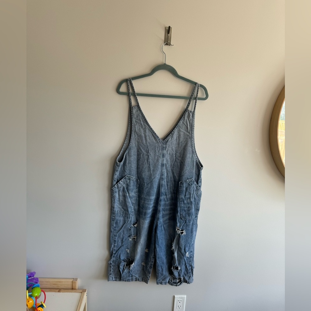 Monthorigin medium distressed front denim overalls…